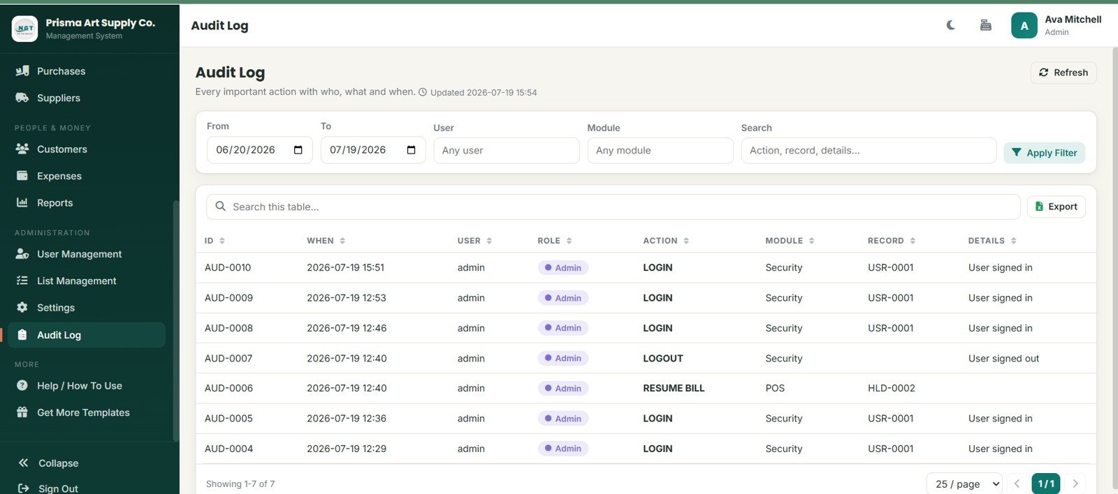 Audit log page in Art Supply Store Management System Web App