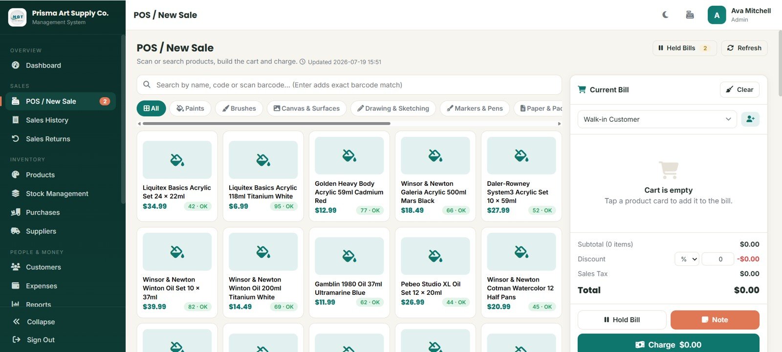 POS new sale page in Art Supply Store Management System Web App