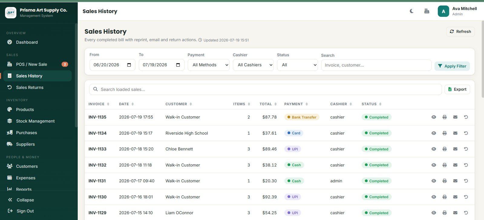 Sales history page in Art Supply Store Management System Web App