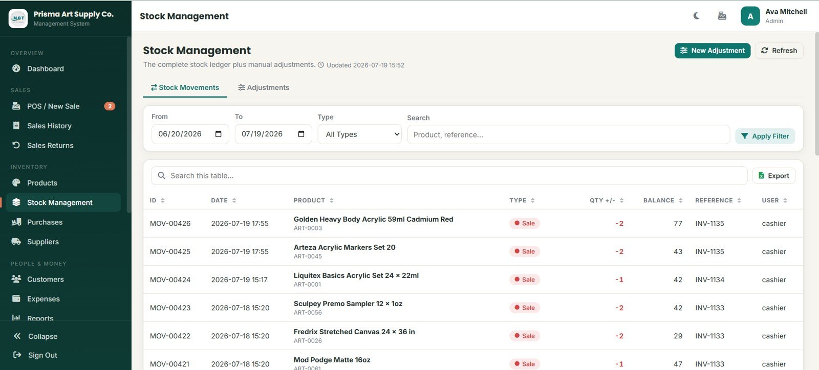 Stock management page in Art Supply Store Management System Web App