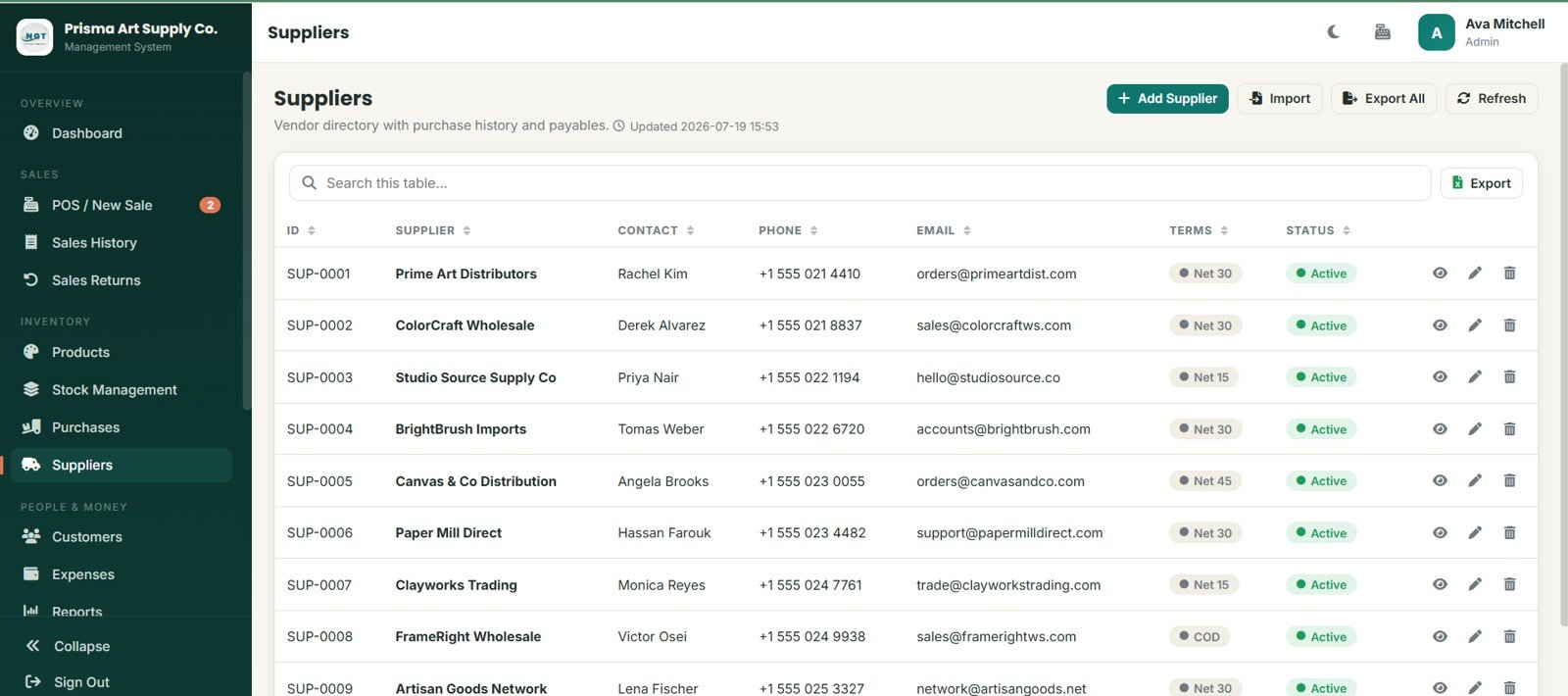 Suppliers page in Art Supply Store Management System Web App
