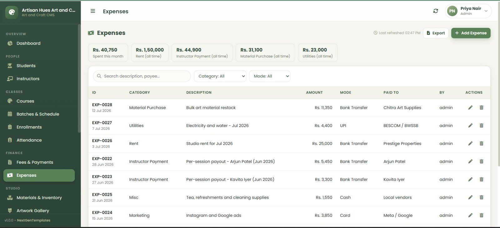 Art and Craft Class Management System Web App expenses page
