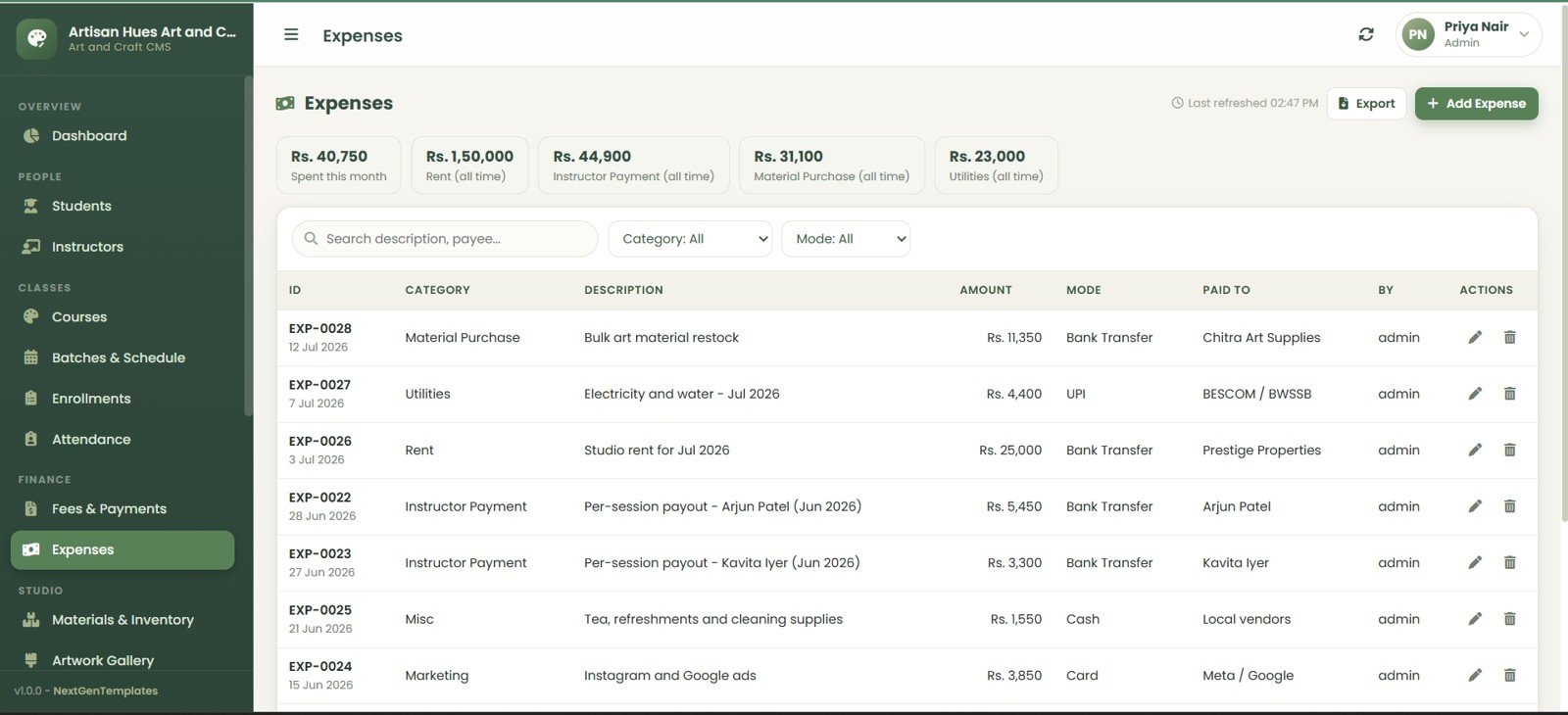 Art and Craft Class Management System Web App expenses page