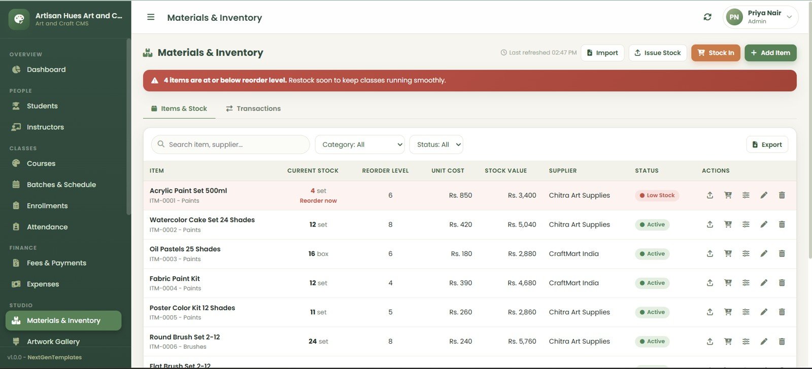 Art and Craft Class Management System Web App materials and inventory page