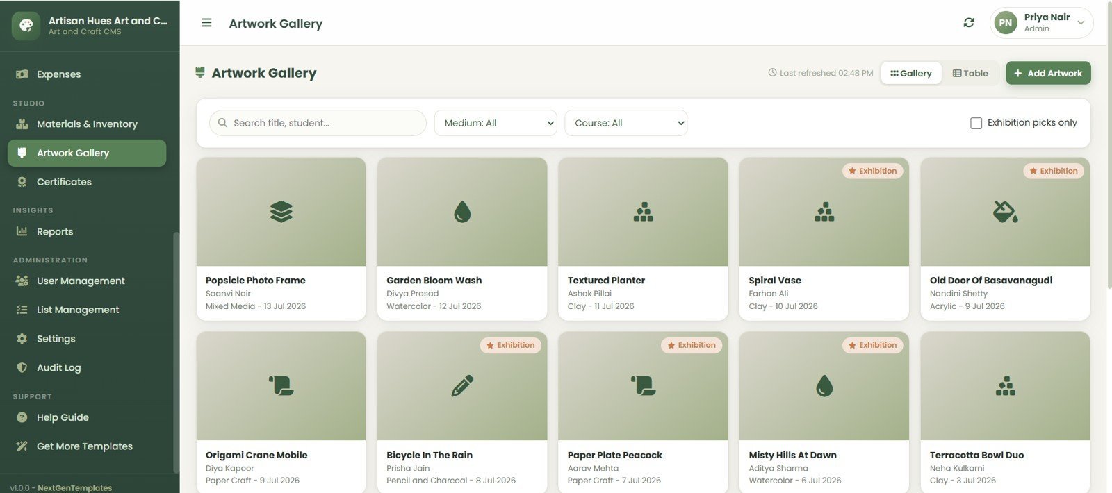 Art and Craft Class Management System Web App artwork gallery page