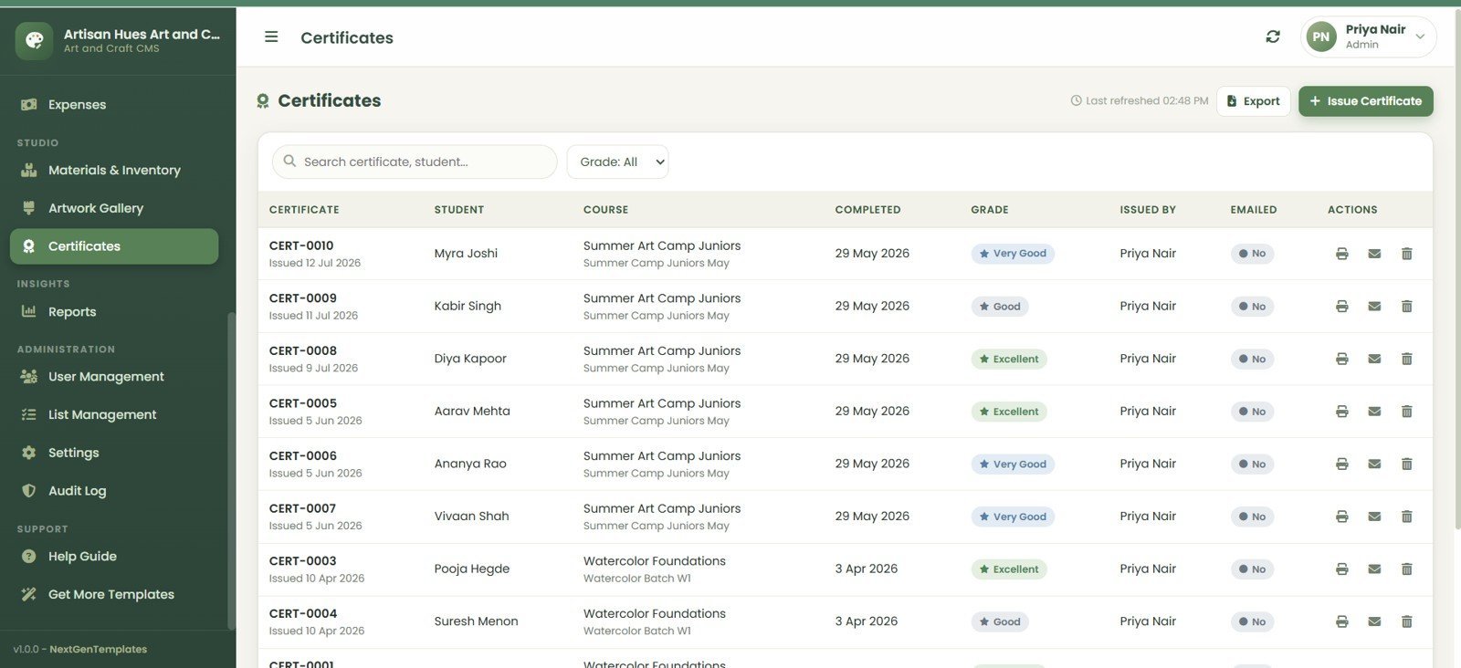 Art and Craft Class Management System Web App certificates page