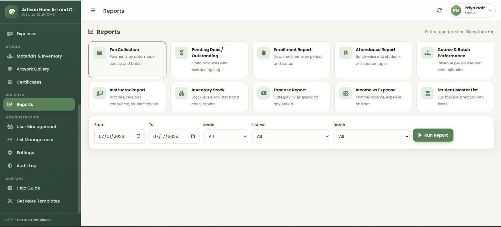 Art and Craft Class Management System Web App reports page
