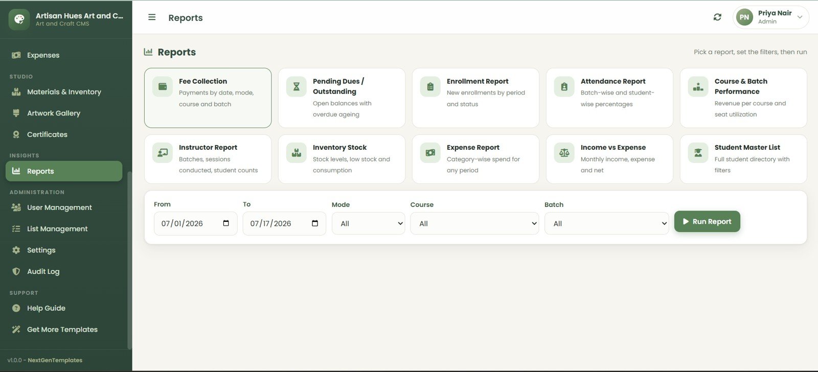 Art and Craft Class Management System Web App reports page