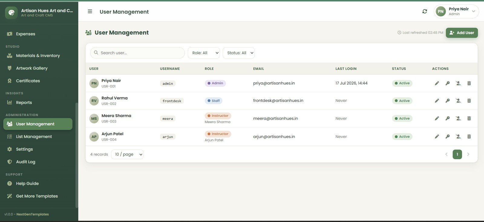 Art and Craft Class Management System Web App user management page