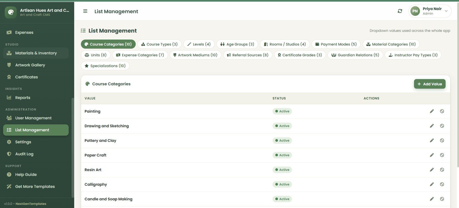 Art and Craft Class Management System Web App list management page