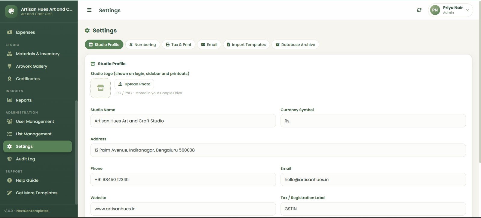 Art and Craft Class Management System Web App settings page