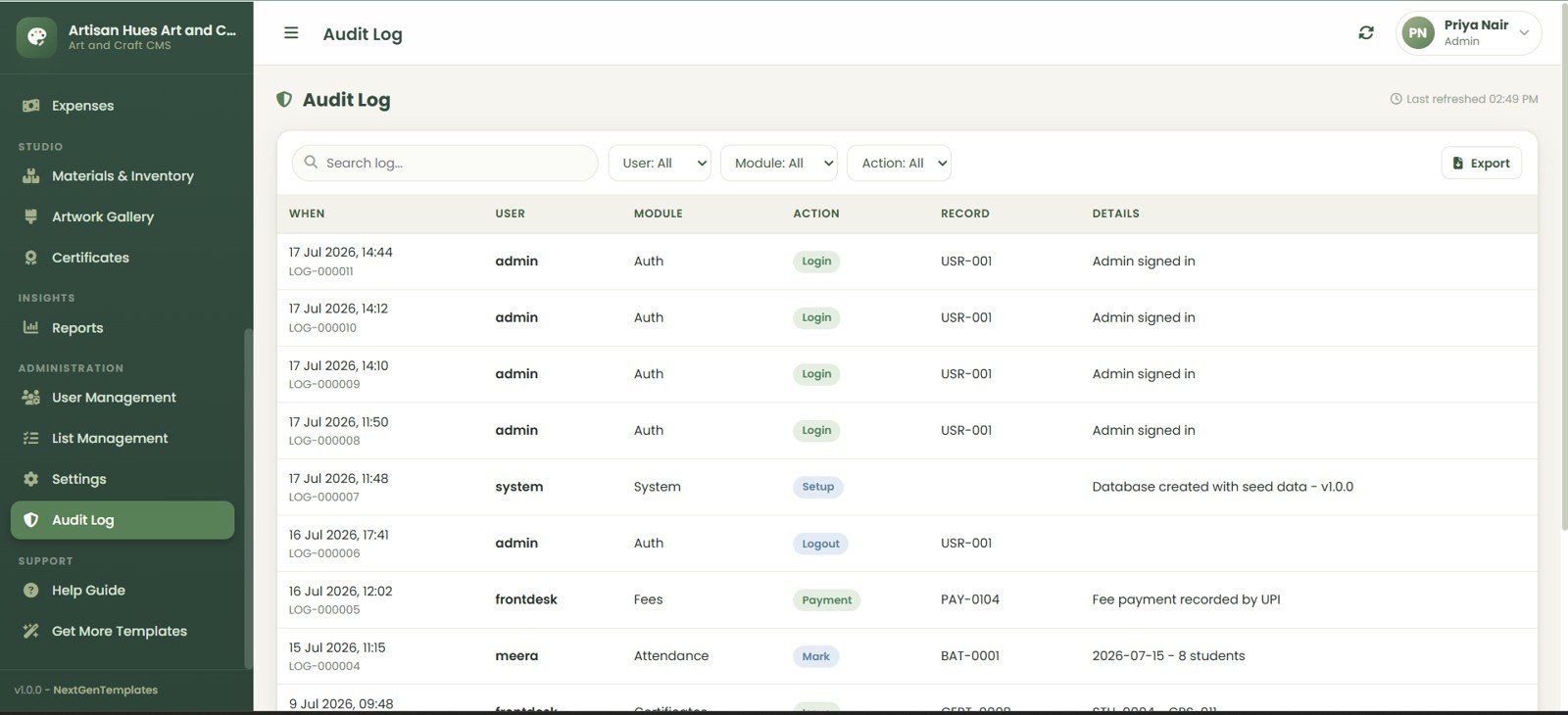 Art and Craft Class Management System Web App audit log page