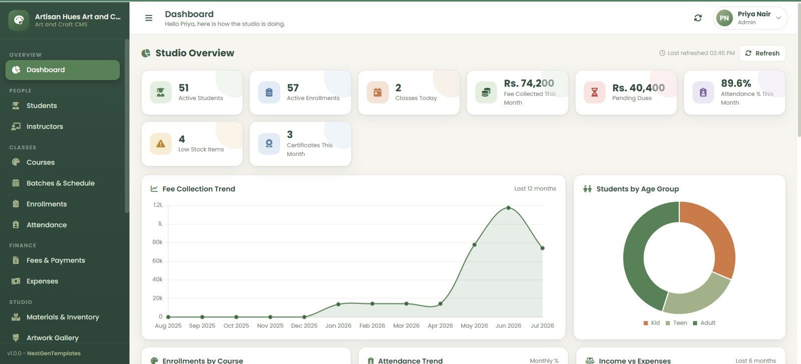 Art and Craft Class Management System Web App dashboard overview