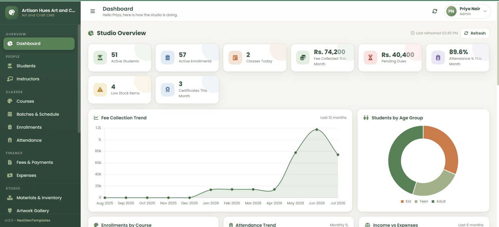 Art and Craft Class Management System Web App dashboard overview