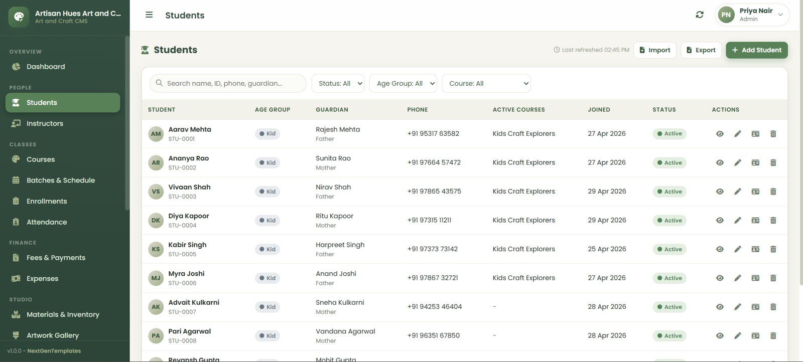 Art and Craft Class Management System Web App students page