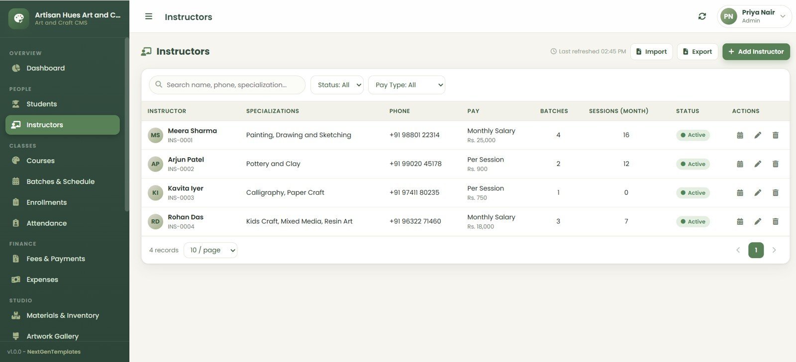 Art and Craft Class Management System Web App instructors page