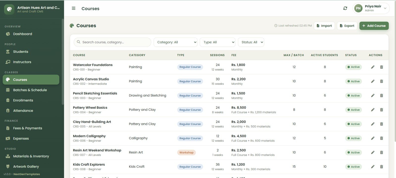 Art and Craft Class Management System Web App courses page