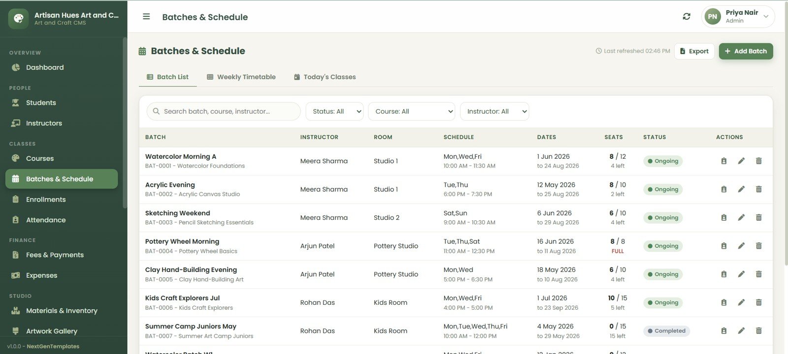 Art and Craft Class Management System Web App batches and schedule page