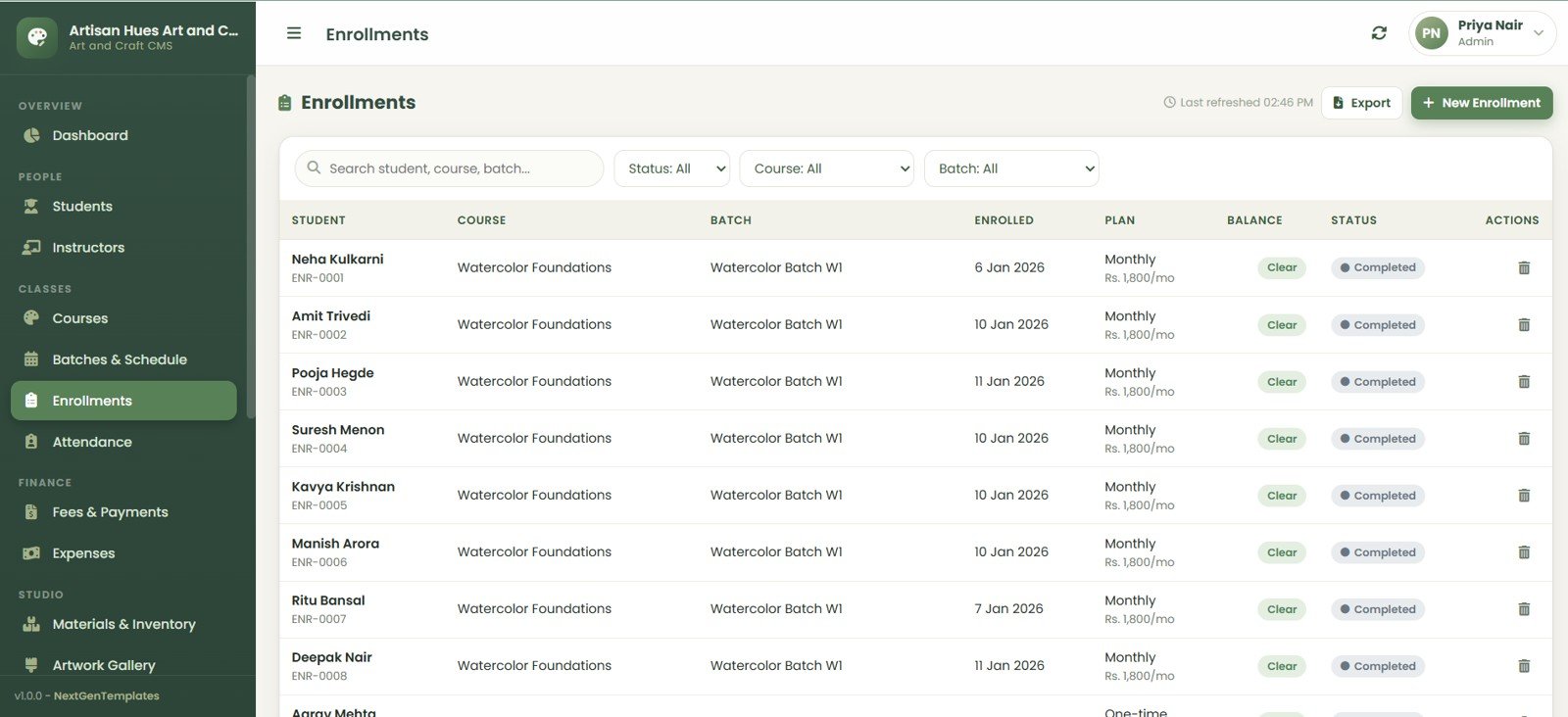 Art and Craft Class Management System Web App enrollments page