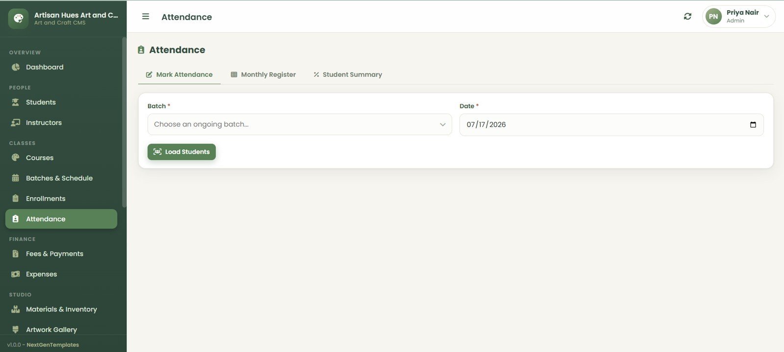 Art and Craft Class Management System Web App attendance page