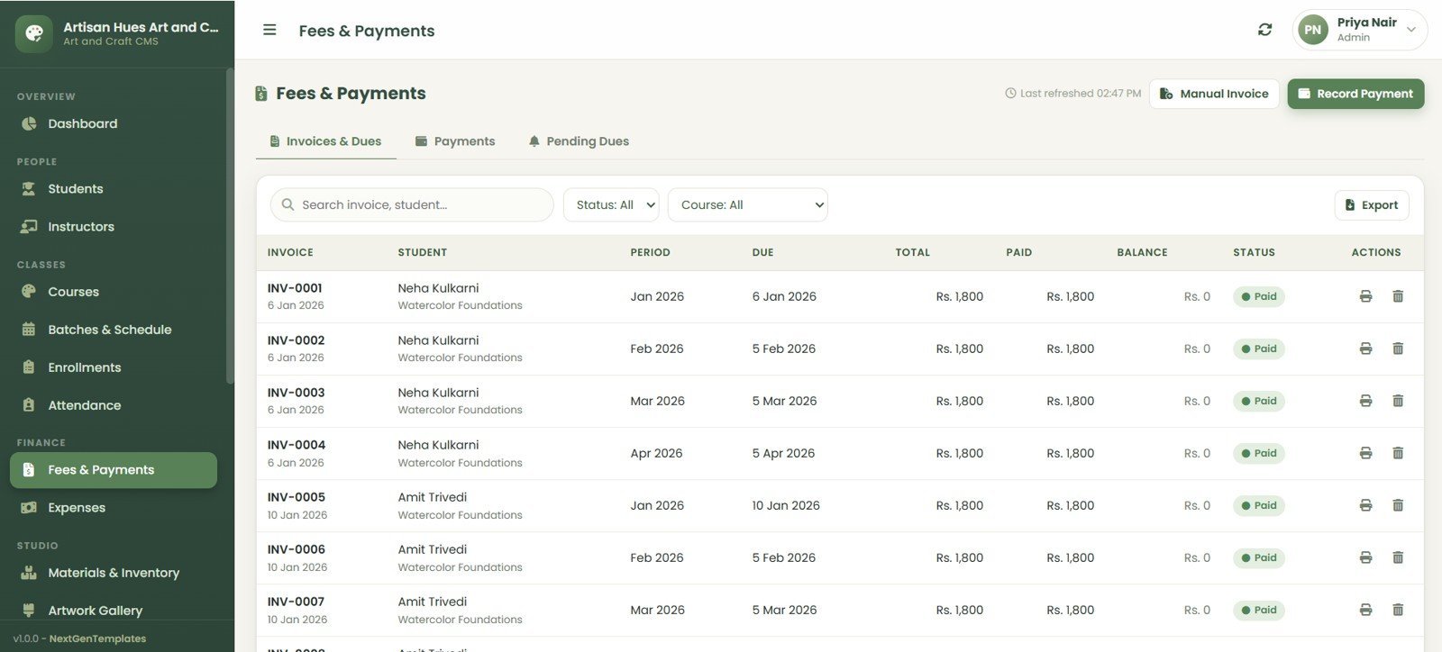 Art and Craft Class Management System Web App fees and payments page