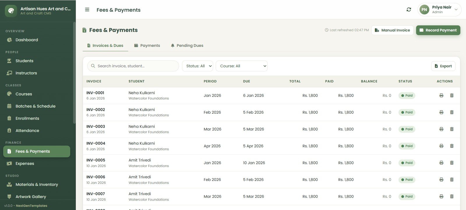 Art and Craft Class Management System Web App fees and payments page