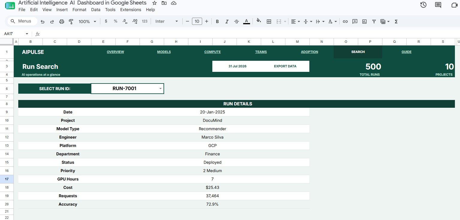 Search Sheet tab in Artificial Intelligence AI Dashboard
