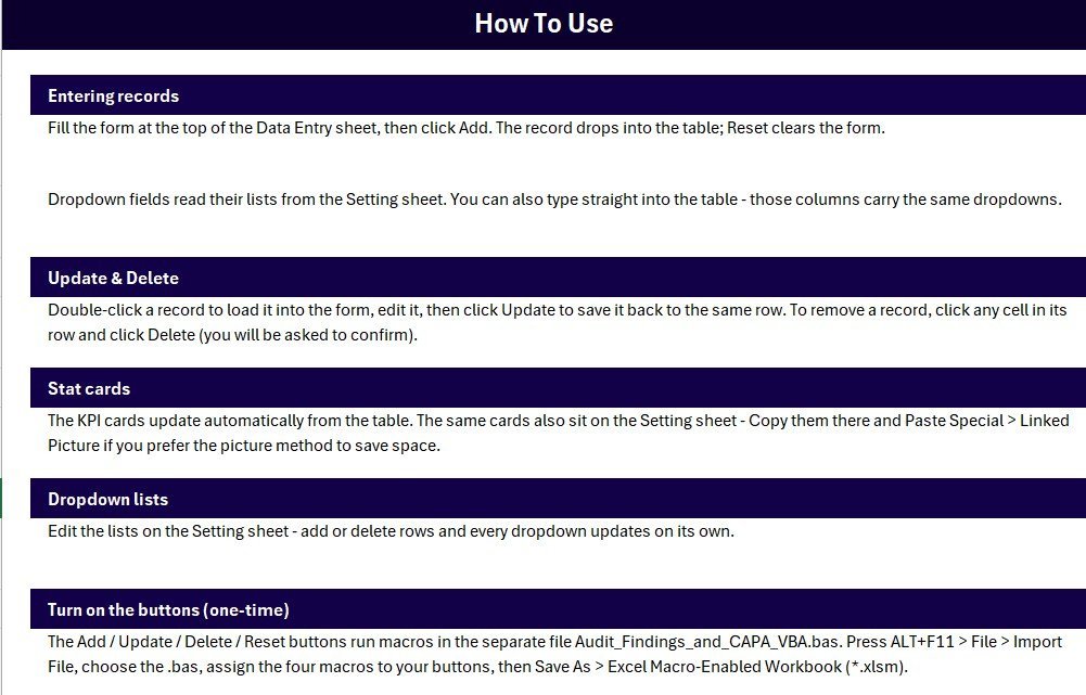 Audit Findings and CAPA Data Entry System in Excel - Instructions Sheet