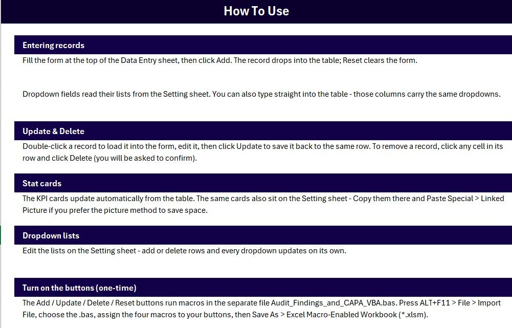Audit Findings and CAPA Data Entry System in Excel instructions sheet