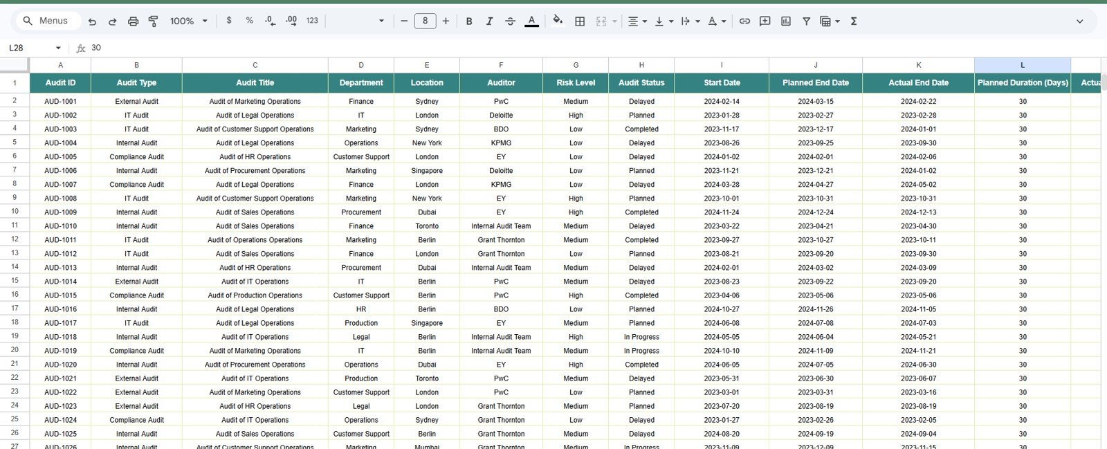 Data sheet tab for entering audit operations records