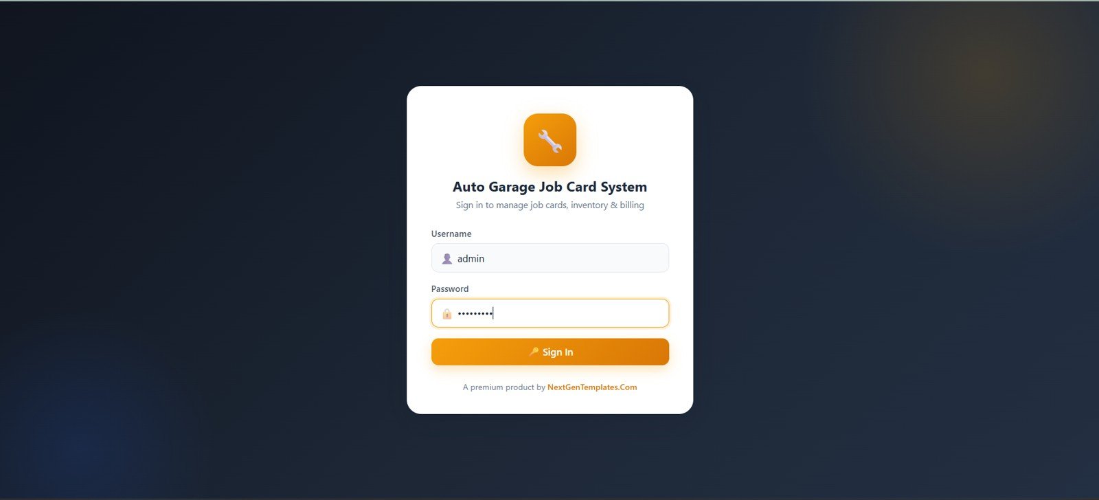 Auto Garage Job Card Management System Web App login page