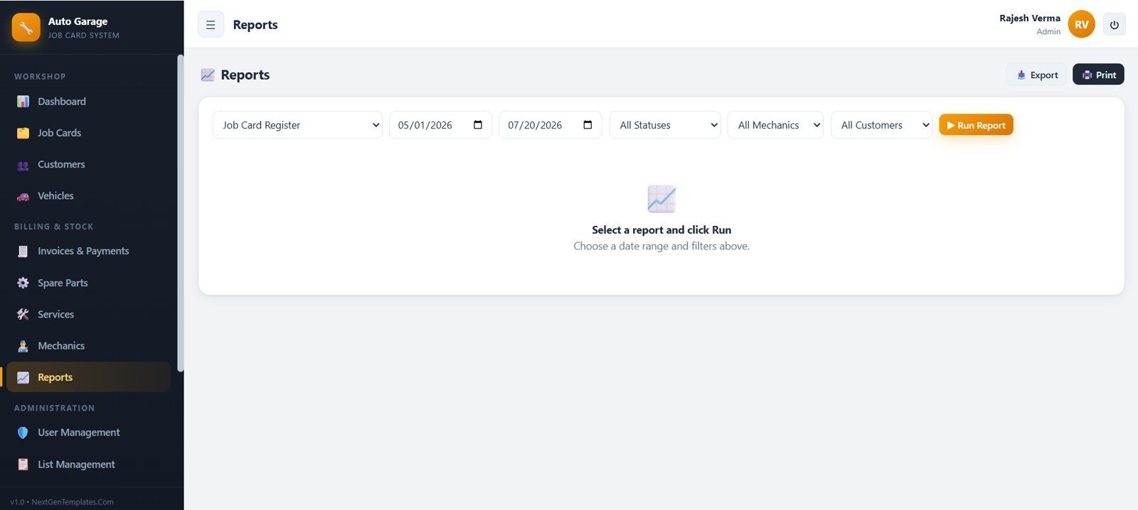 Auto garage reports page with filters and export controls