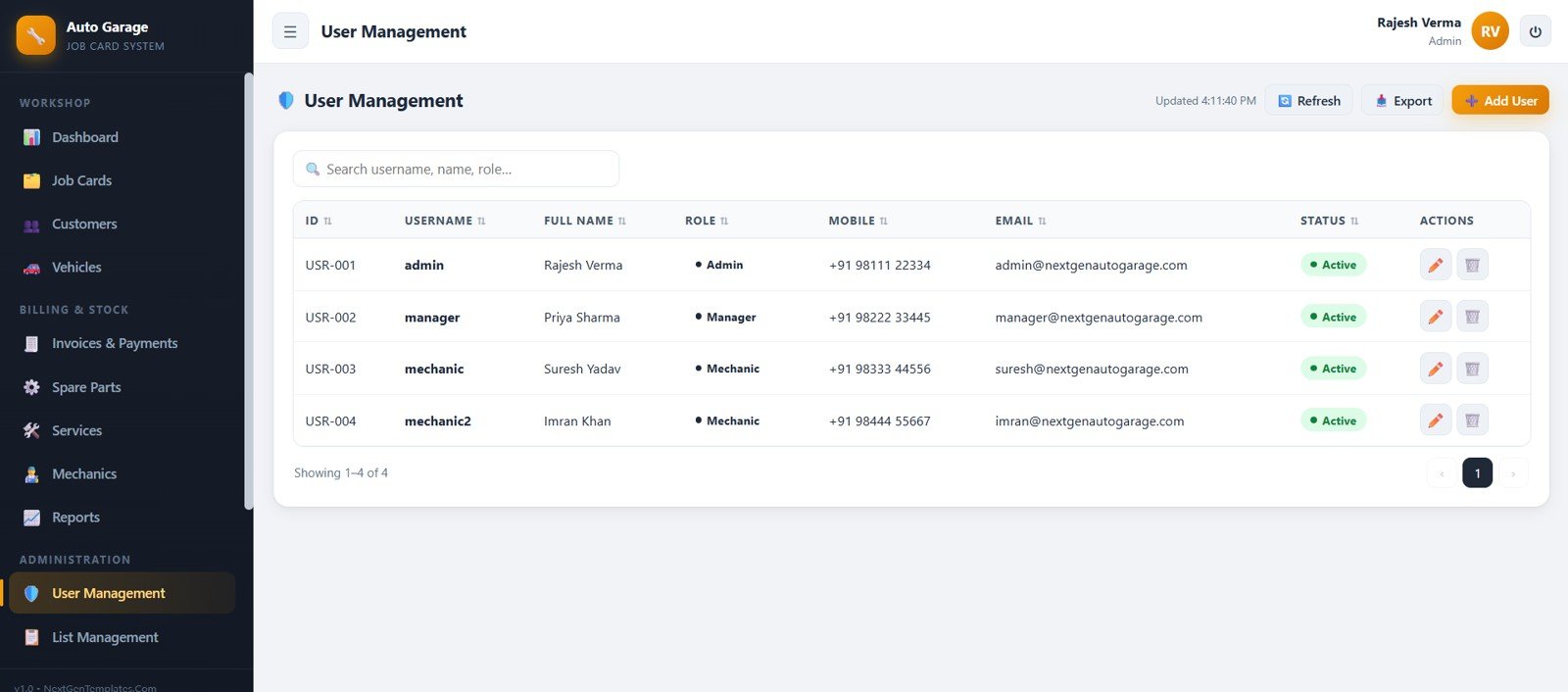 Auto garage user management page with roles and account status