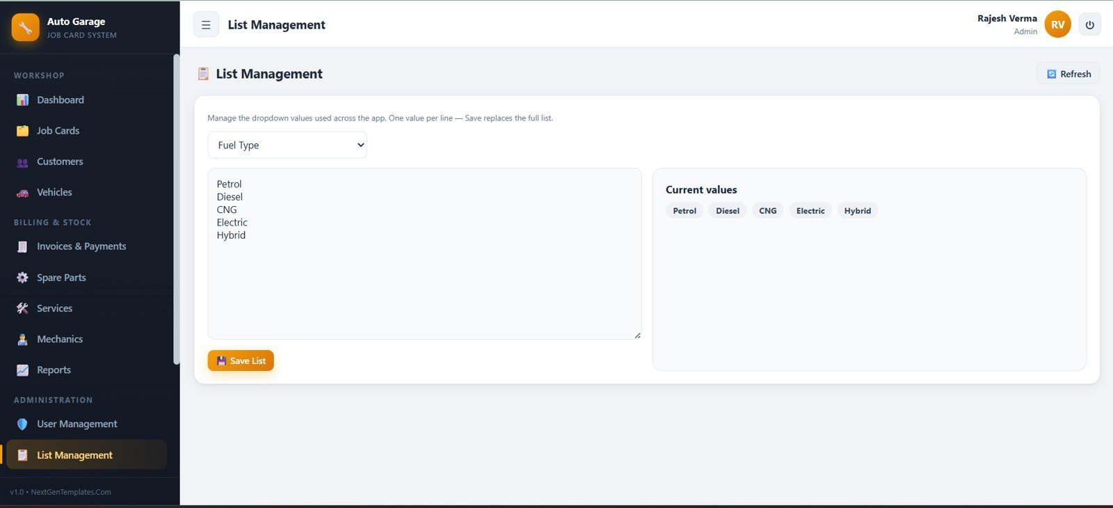 Auto garage list management page for dropdown values