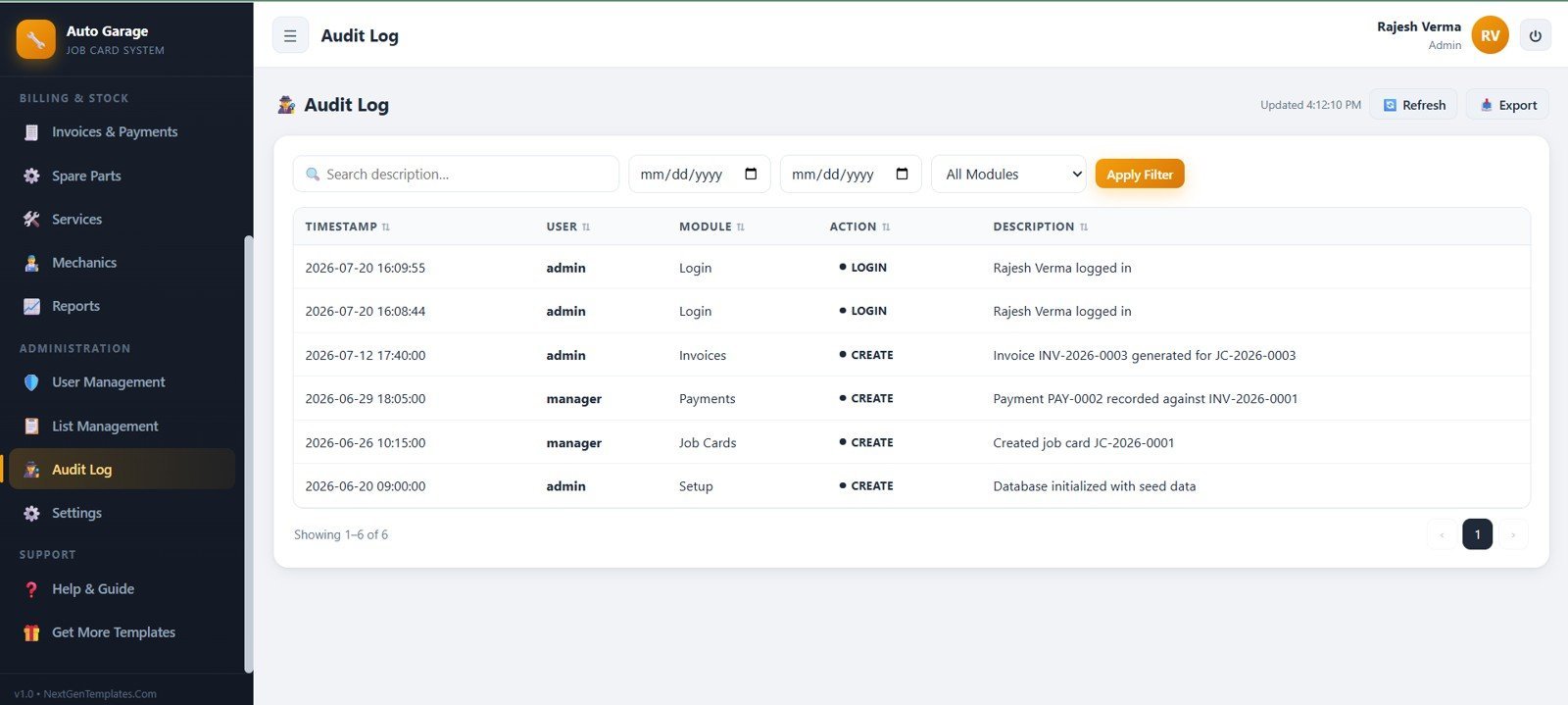 Auto garage audit log with user module action and description records