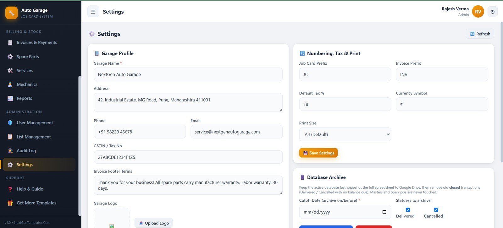 Auto garage settings page with profile numbering tax print and archive settings