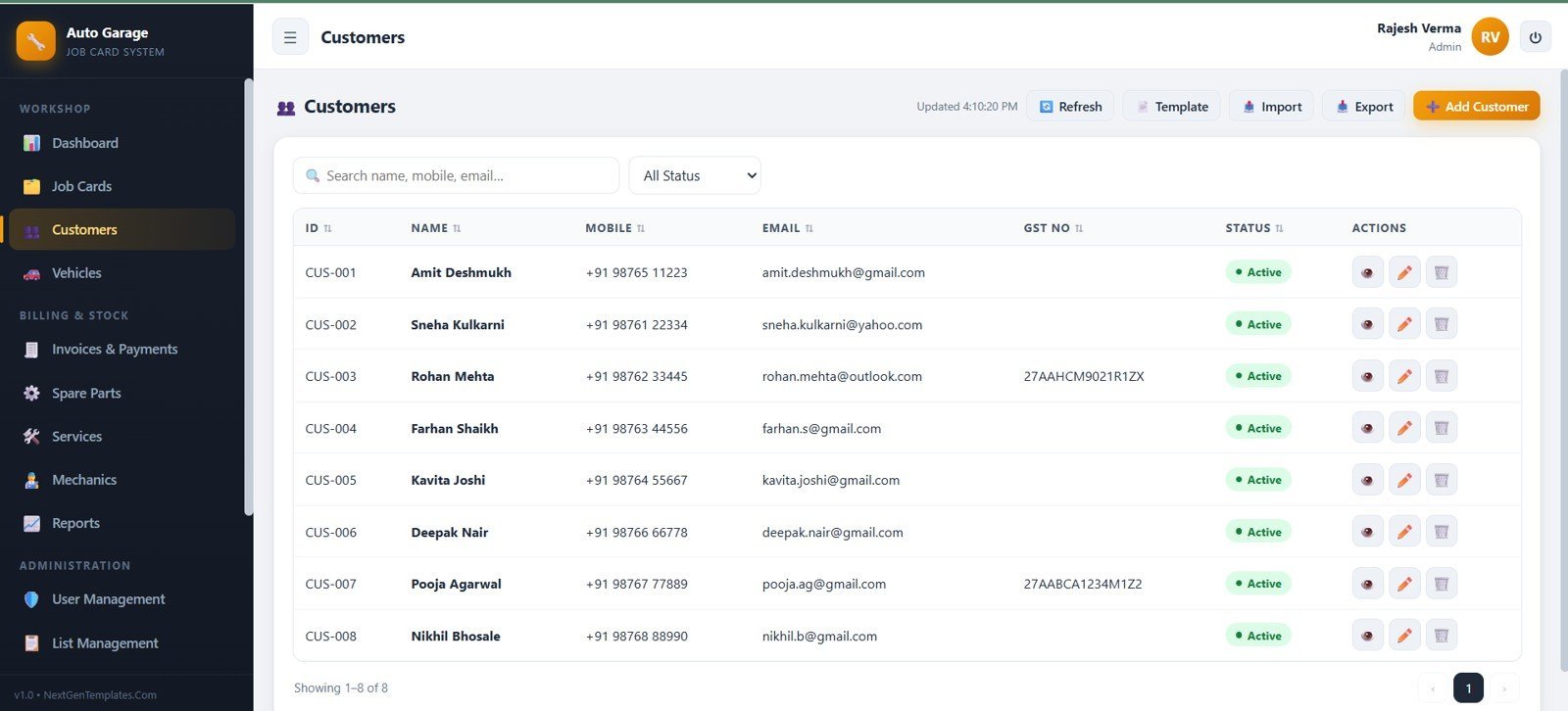 Auto garage customer management page with contact records