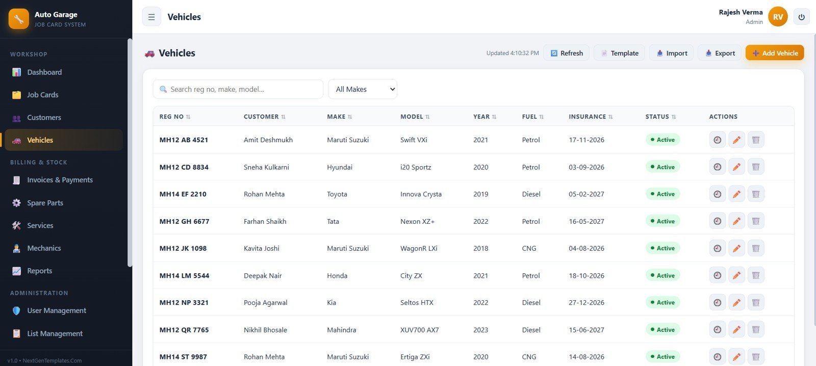 Auto garage vehicle register with customer and service history actions