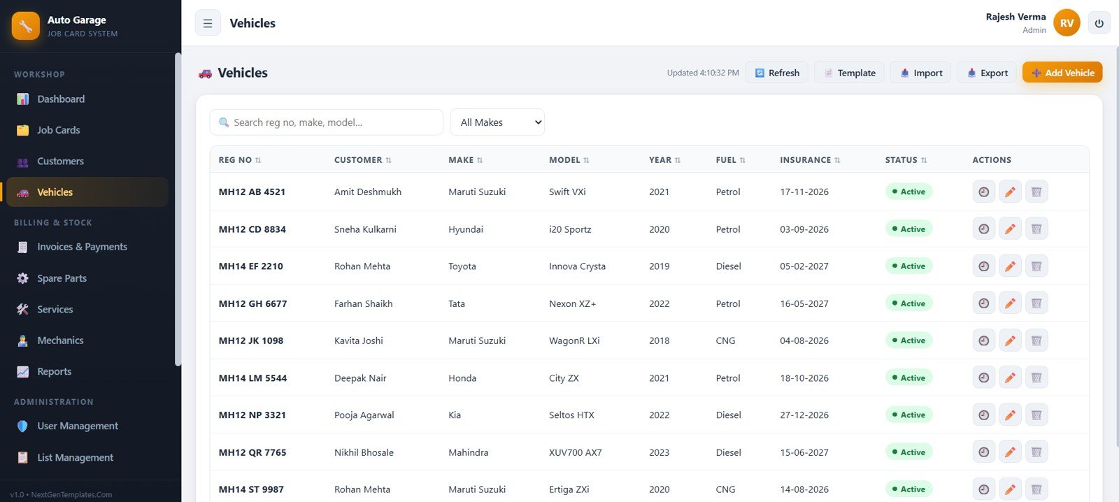 Auto garage vehicle management page with registration make model fuel and insurance records