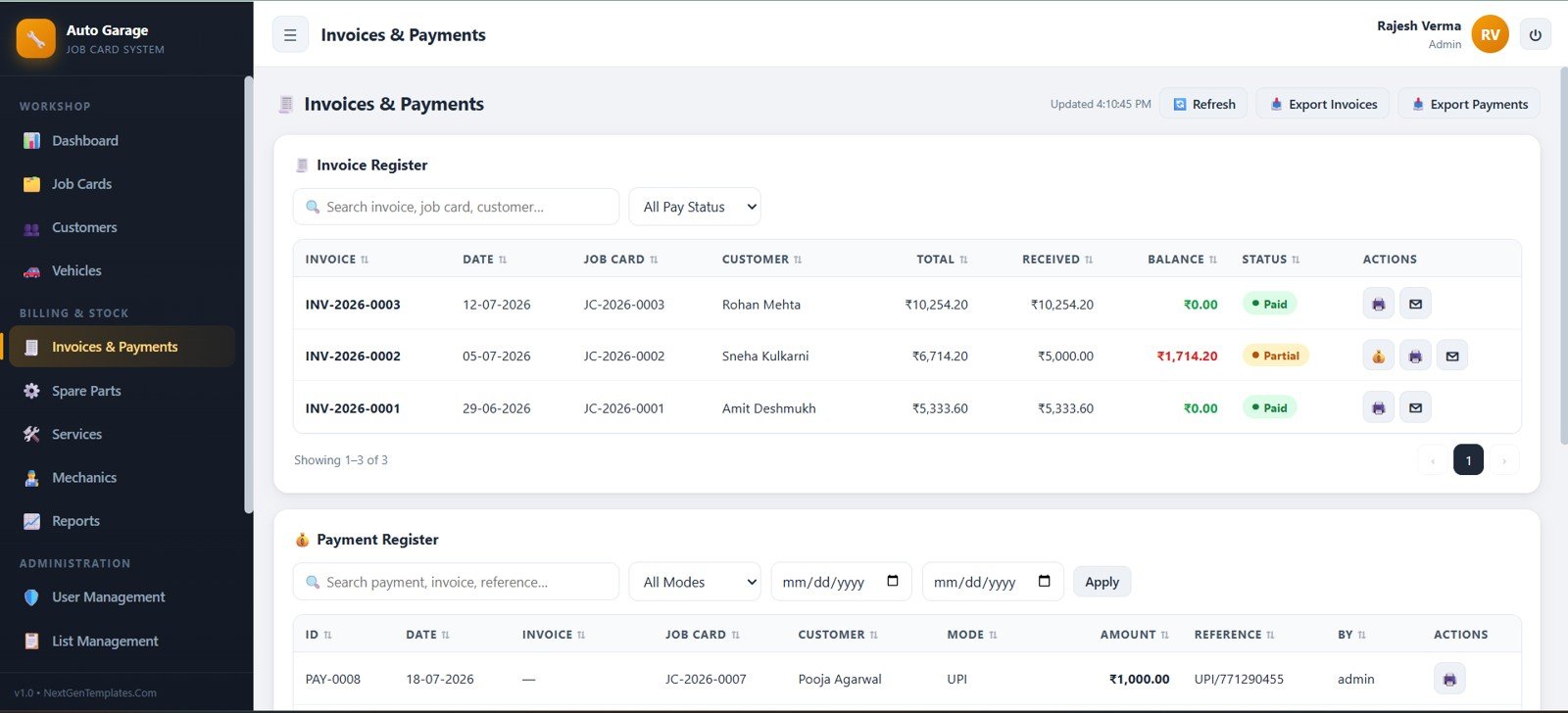 Auto garage invoice and payment register with balance and payment status