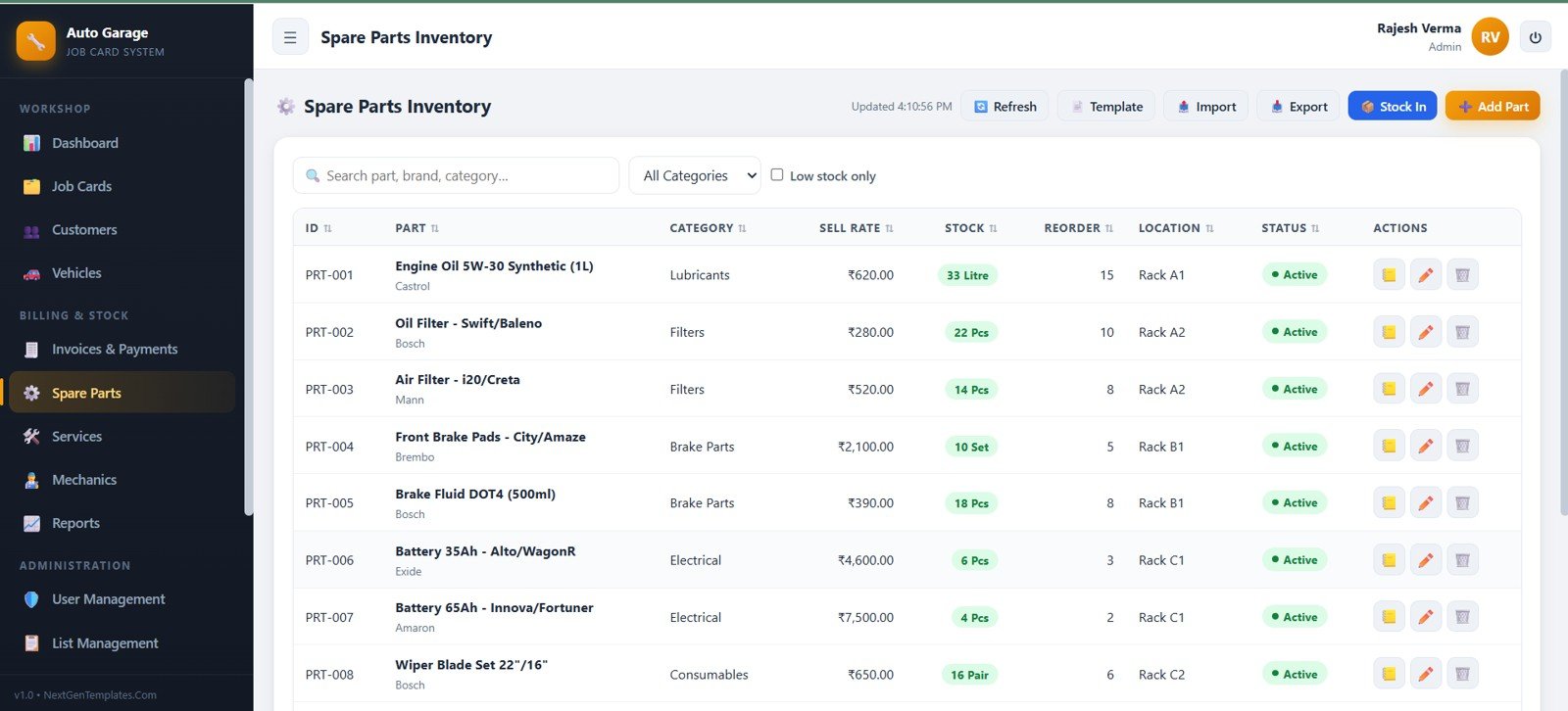 Auto garage spare parts inventory with stock reorder level and location