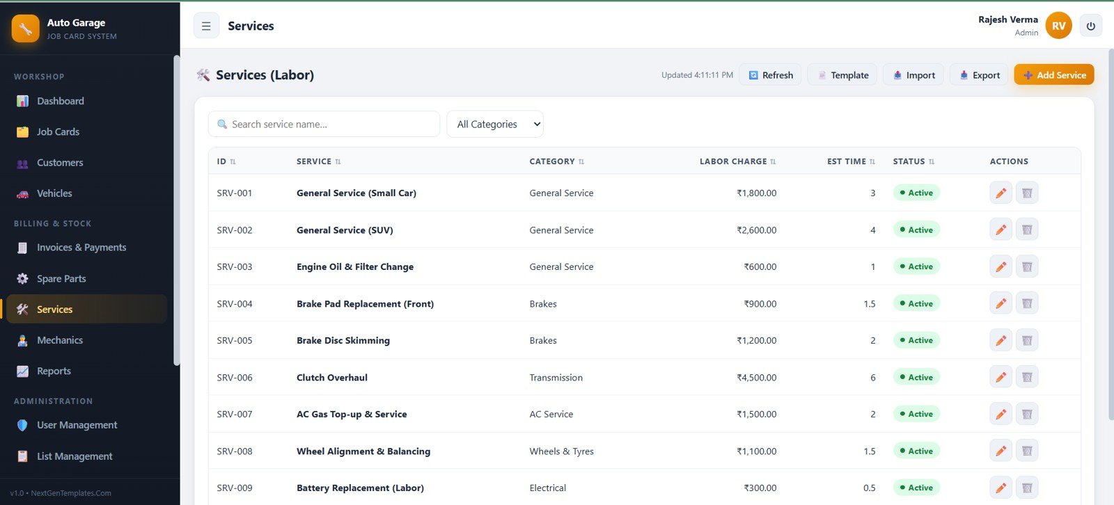Auto garage services labor page with service charge and estimated time