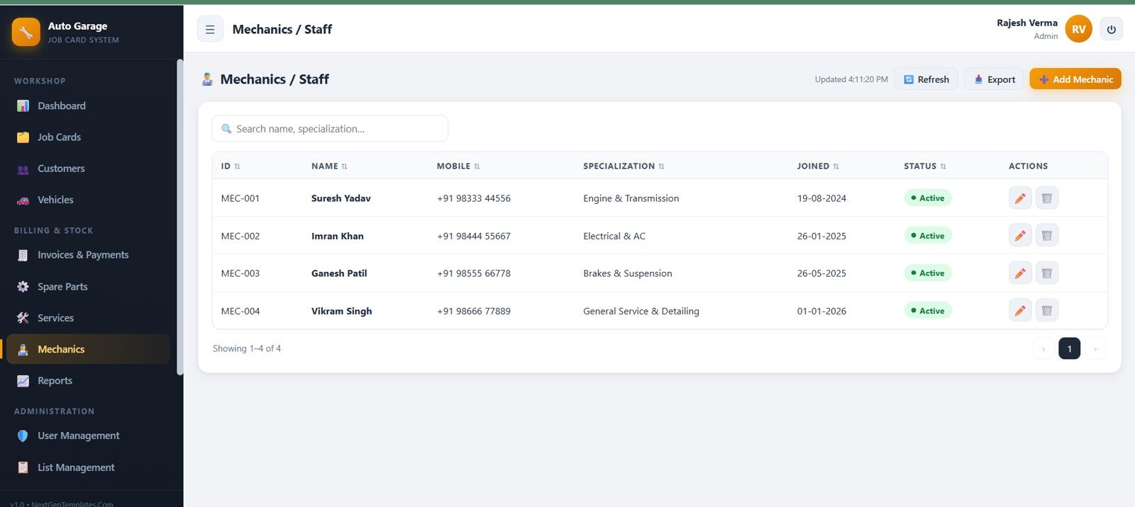 Auto garage mechanics and staff page with specialization and status