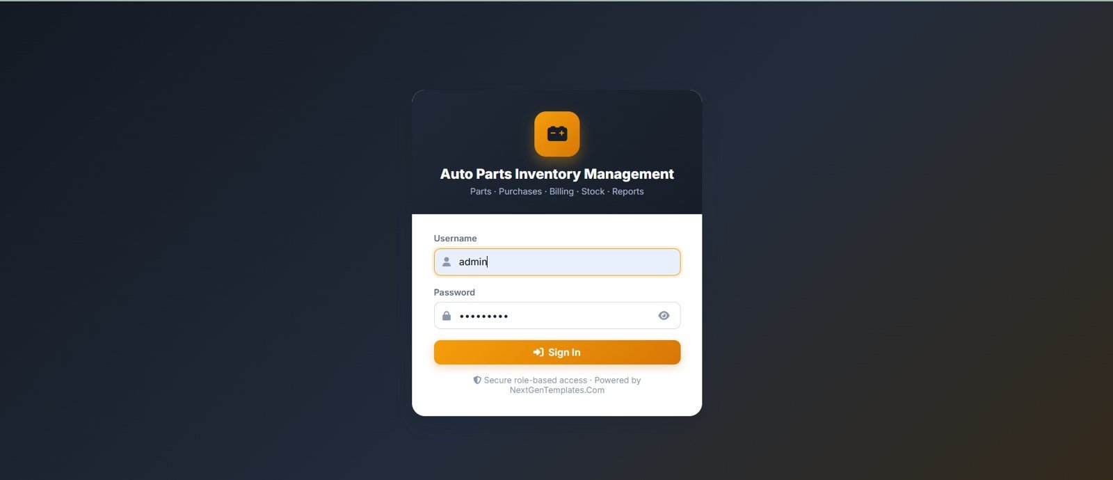 Auto Parts Inventory Management System Web App login page