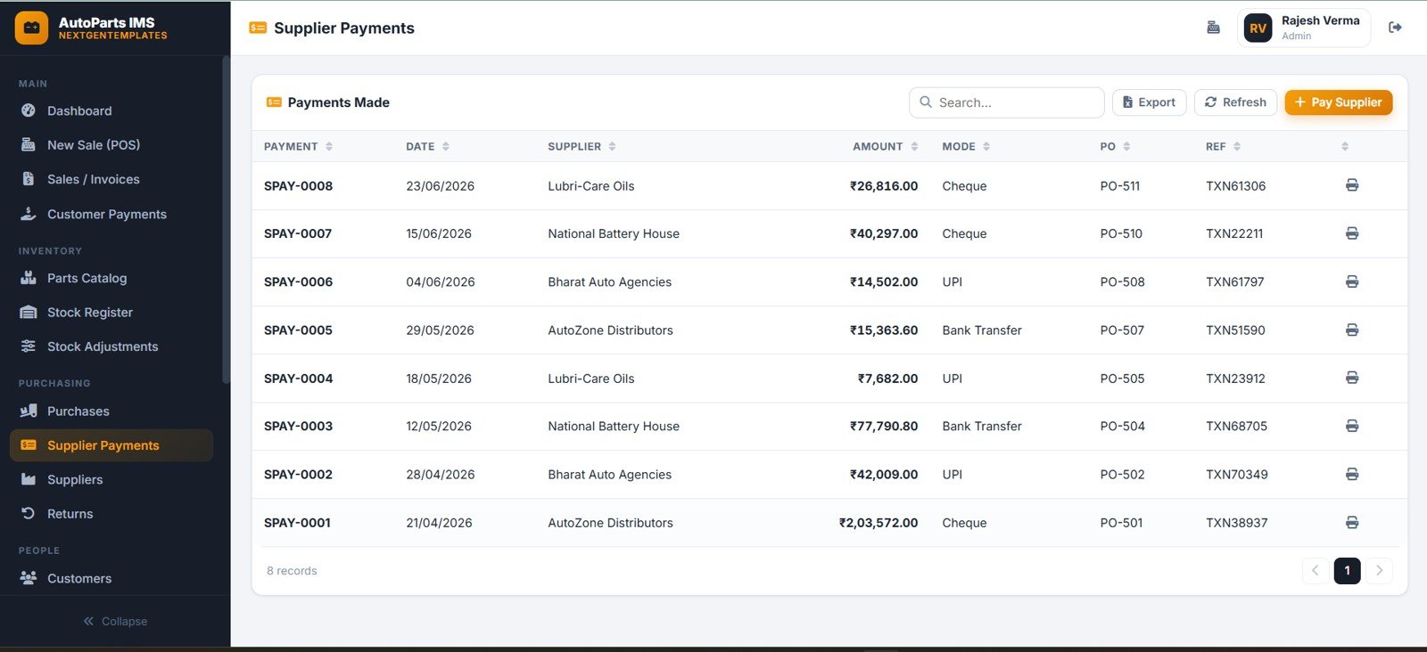 Auto parts supplier payments page with supplier purchase order payment mode amount and reference
