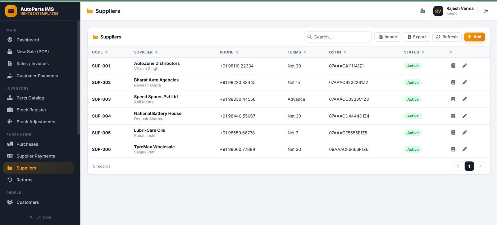 Auto parts suppliers page with supplier code phone GSTIN payment terms and status