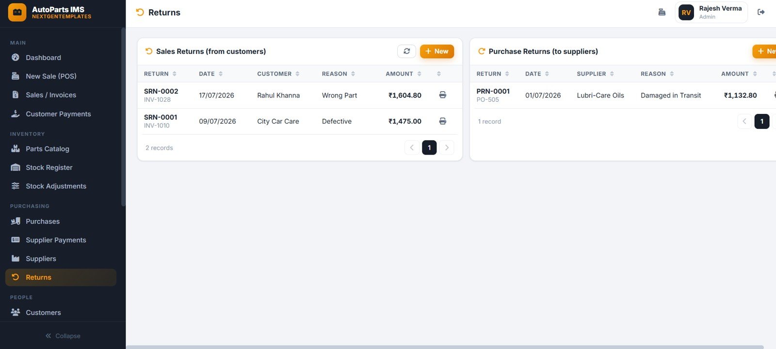 Auto parts returns page with sales returns purchase returns amount reason invoice and purchase order