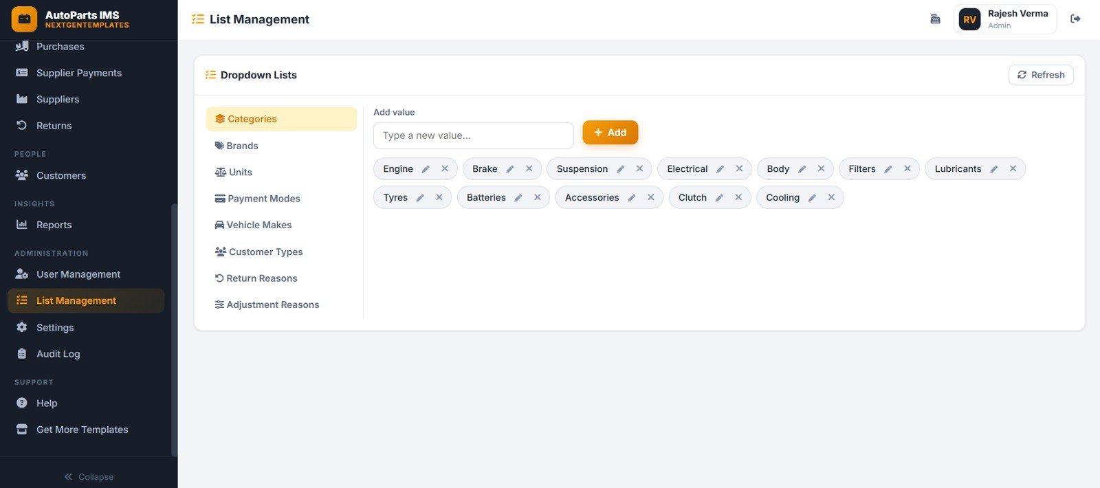 Auto parts list management page with dropdown values categories payment modes customer types and reasons