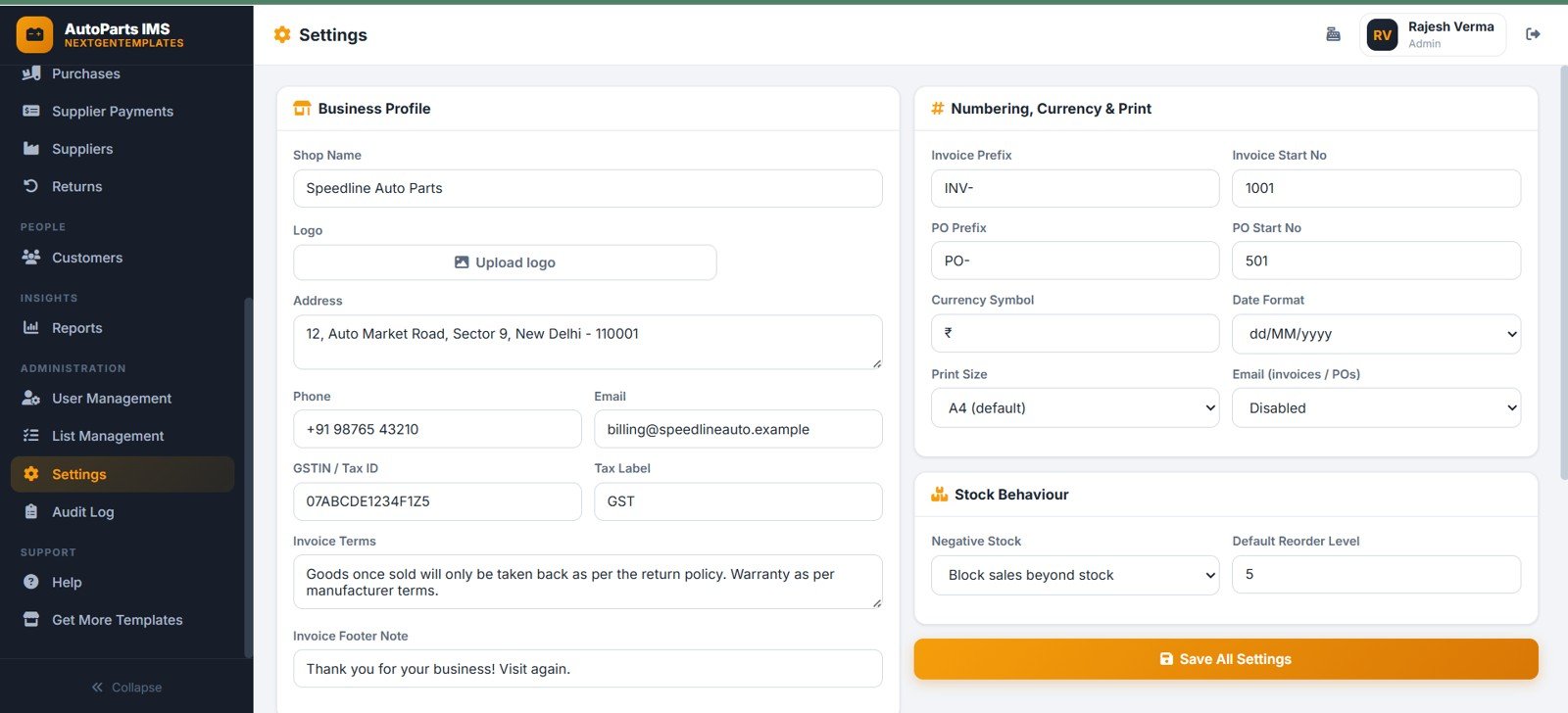 Auto parts settings page with business profile invoice numbering purchase numbering currency and stock behavior