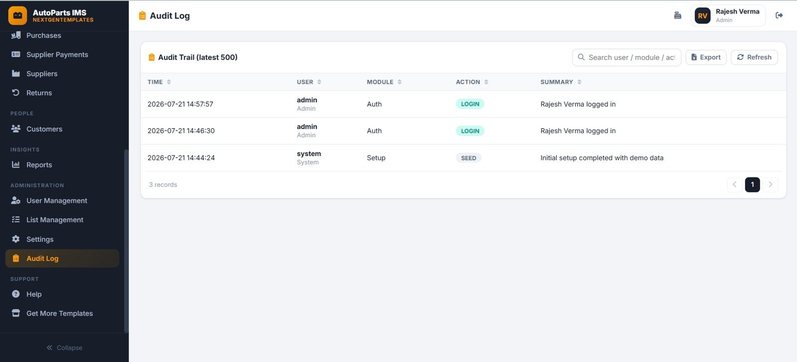 Auto parts audit log page with time user module action summary login and setup events